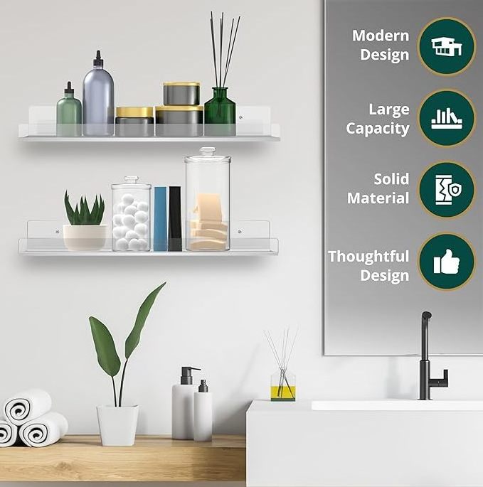 2 Pack Clear Acrylic Shelves for Wall Storage, Floating Bookshelves, Wall Storage Shelves for Bathroom/Bedroom/Living Room