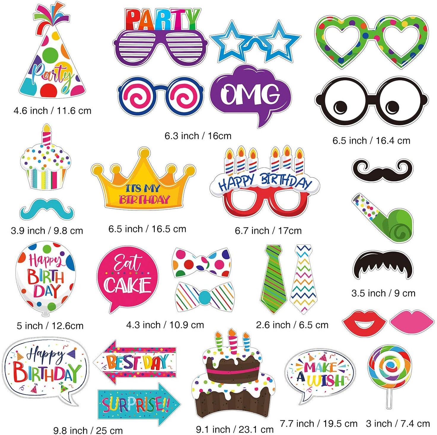 Birthday Photo Booth Props Kit Colorful Funny Birthday Theme Props with Glue Point Dots and Wooden Dowel Sticks