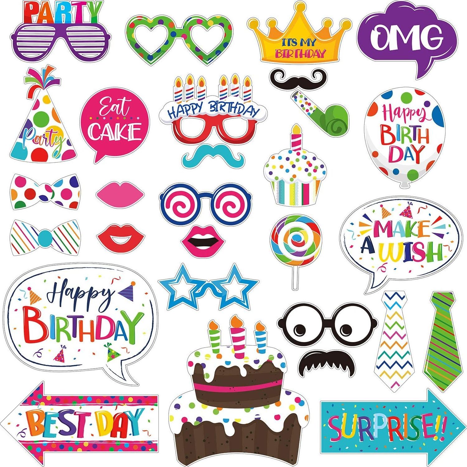 Birthday Photo Booth Props Kit Colorful Funny Birthday Theme Props with Glue Point Dots and Wooden Dowel Sticks