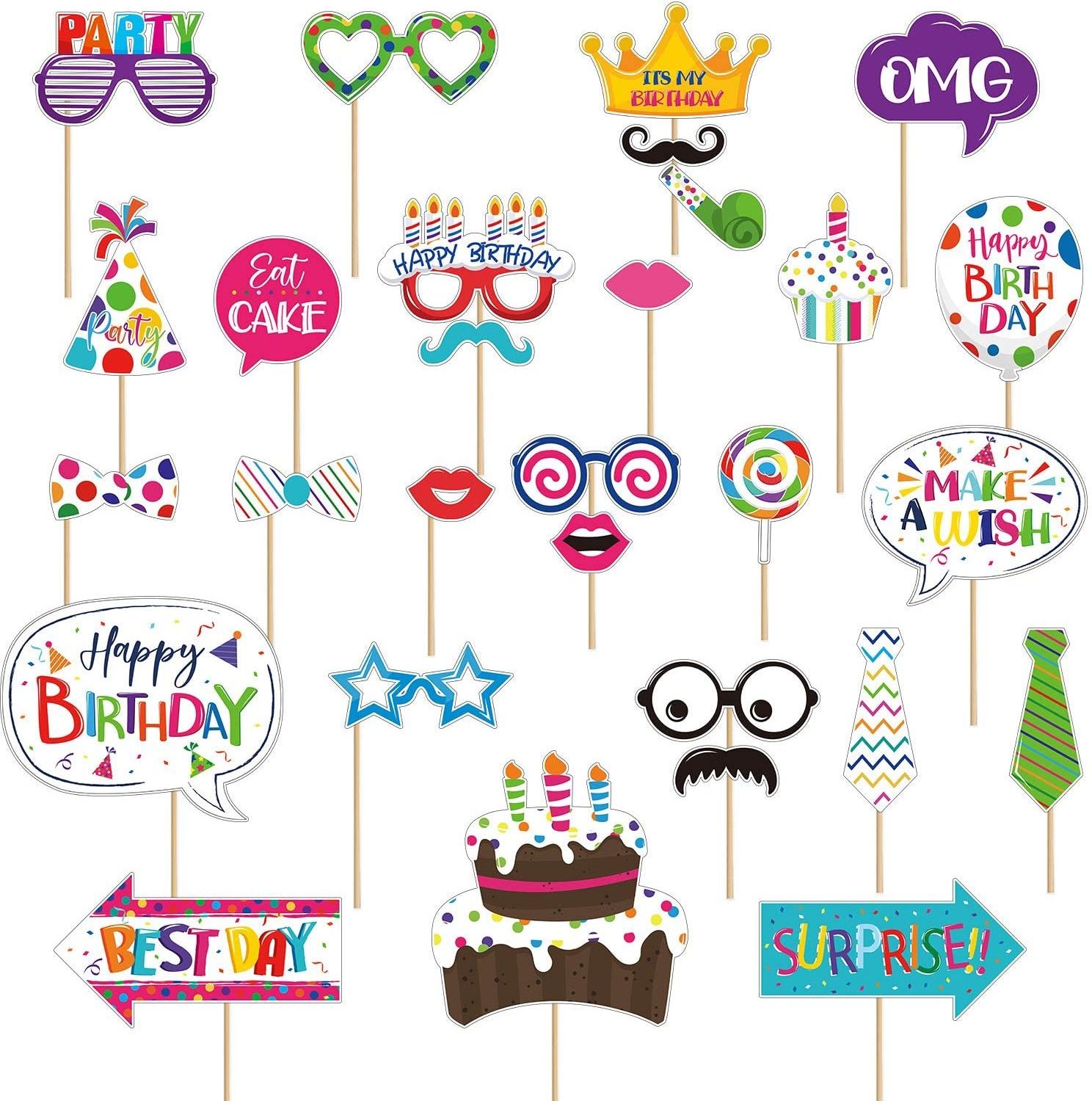 Birthday Photo Booth Props Kit Colorful Funny Birthday Theme Props with Glue Point Dots and Wooden Dowel Sticks