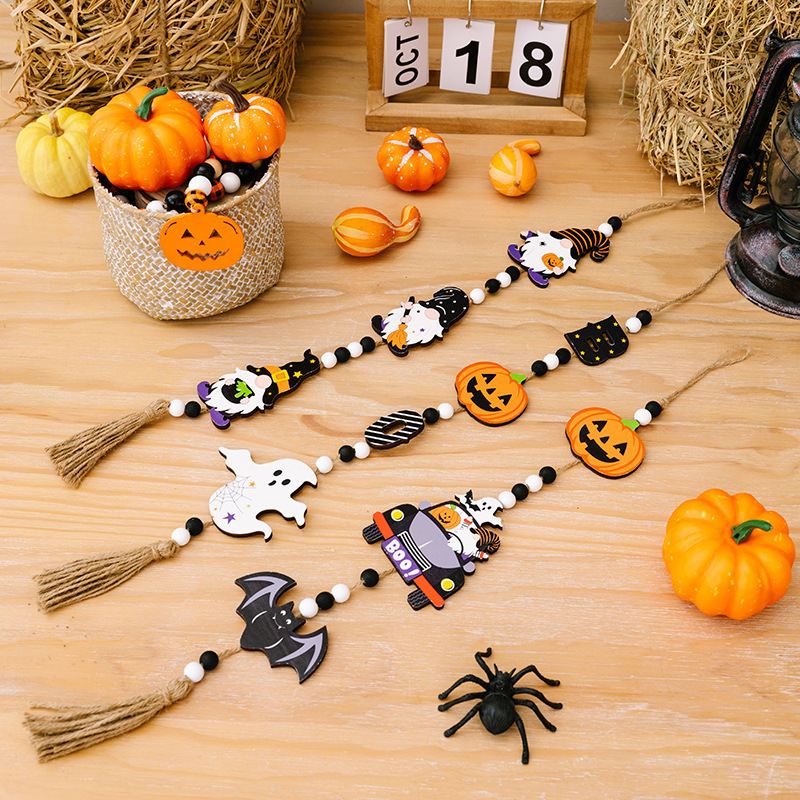 Wholesale Halloween Home Party Ghost Decoration Beads String Witch Pumpkin Bat Wall Hanging Pieces Pendant Wood Ornaments