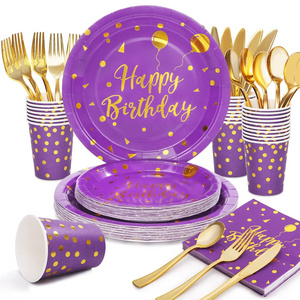 Hot Sale Custom Printed Disposable Paper Plates Purple Disposable Party Paper Dinner Color Plate Set