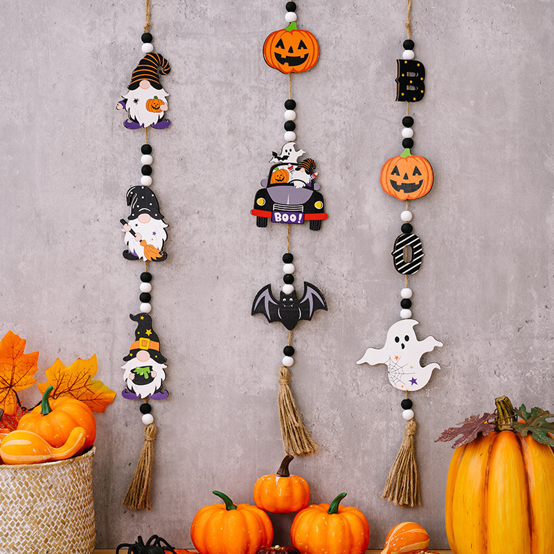 Wholesale Halloween Home Party Ghost Decoration Beads String Witch Pumpkin Bat Wall Hanging Pieces Pendant Wood Ornaments