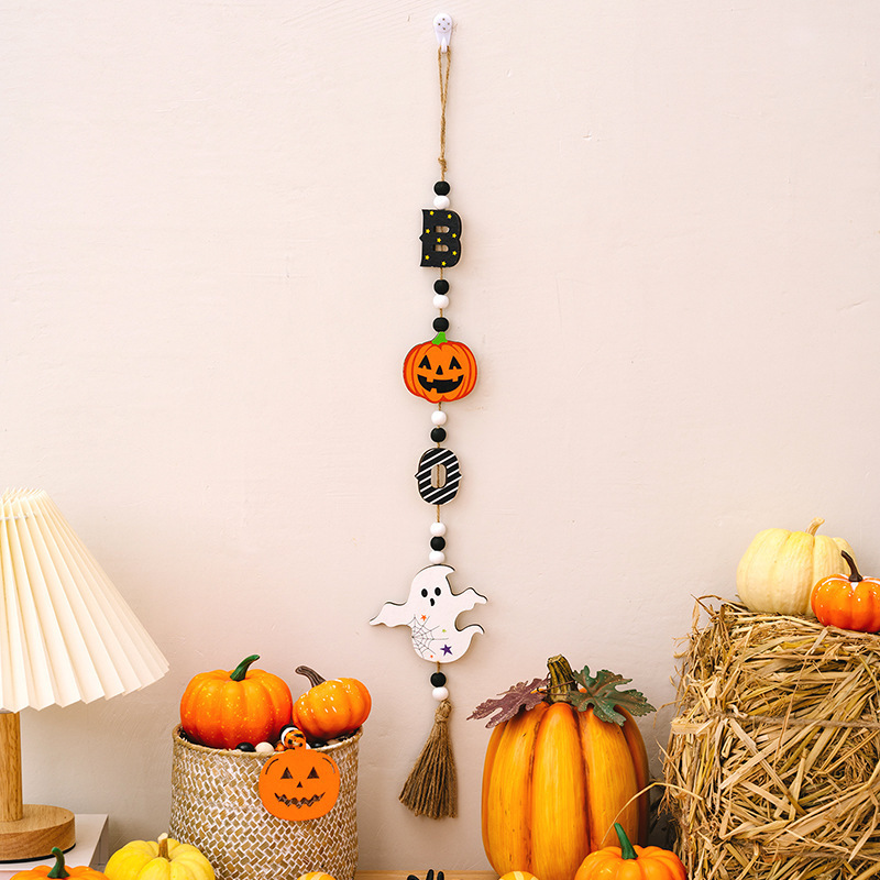 Wholesale Halloween Home Party Ghost Decoration Beads String Witch Pumpkin Bat Wall Hanging Pieces Pendant Wood Ornaments