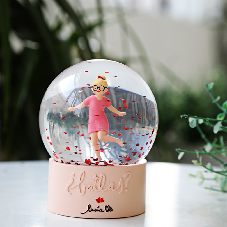 Custom Simply Resin Dancing Girl Musical Snow Globe with Automatic Snowfall and Colorful Lights for Home Decoration