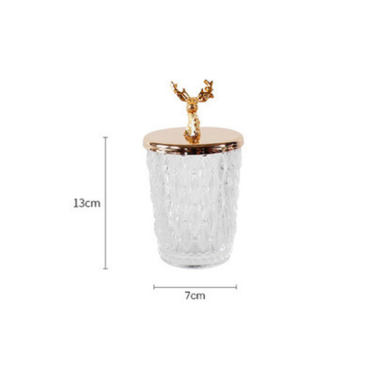 Small Home Decorative Golden Deer Metal Lid Glass Candy Jar ,Glass Gold Candy Pot Glass with Lid