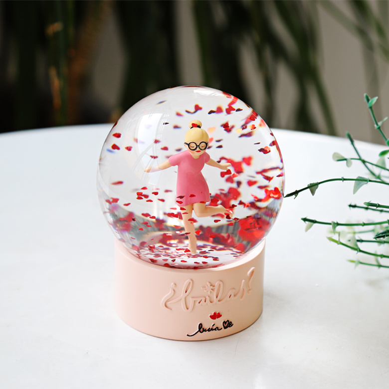 Custom Simply Resin Dancing Girl Musical Snow Globe with Automatic Snowfall and Colorful Lights for Home Decoration