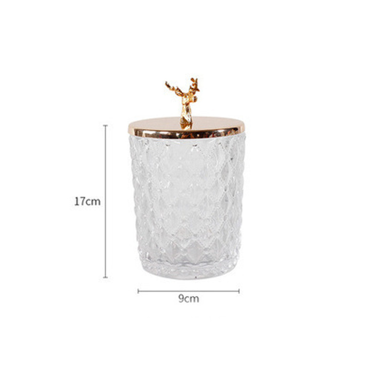 Small Home Decorative Golden Deer Metal Lid Glass Candy Jar ,Glass Gold Candy Pot Glass with Lid