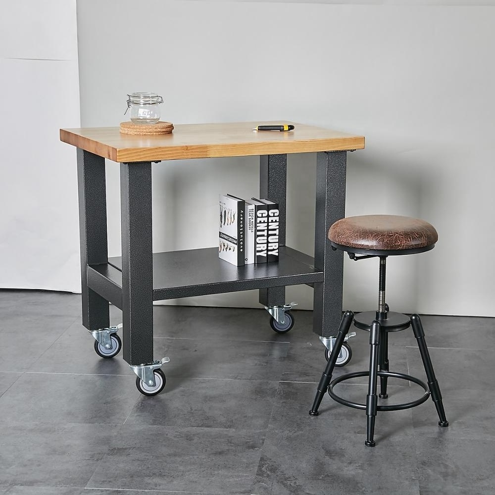 home study furniture office mobile laptop desk with wood shelf wood top work table modern steel metal frames table with casters