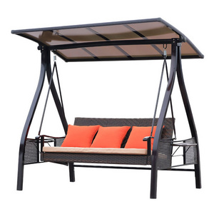 Customized 3 Seat Outdoor Garden Antirust Patio Swing Day Bed Leisure Furniture Hanging Hammock Chair Swings with Cup Tray