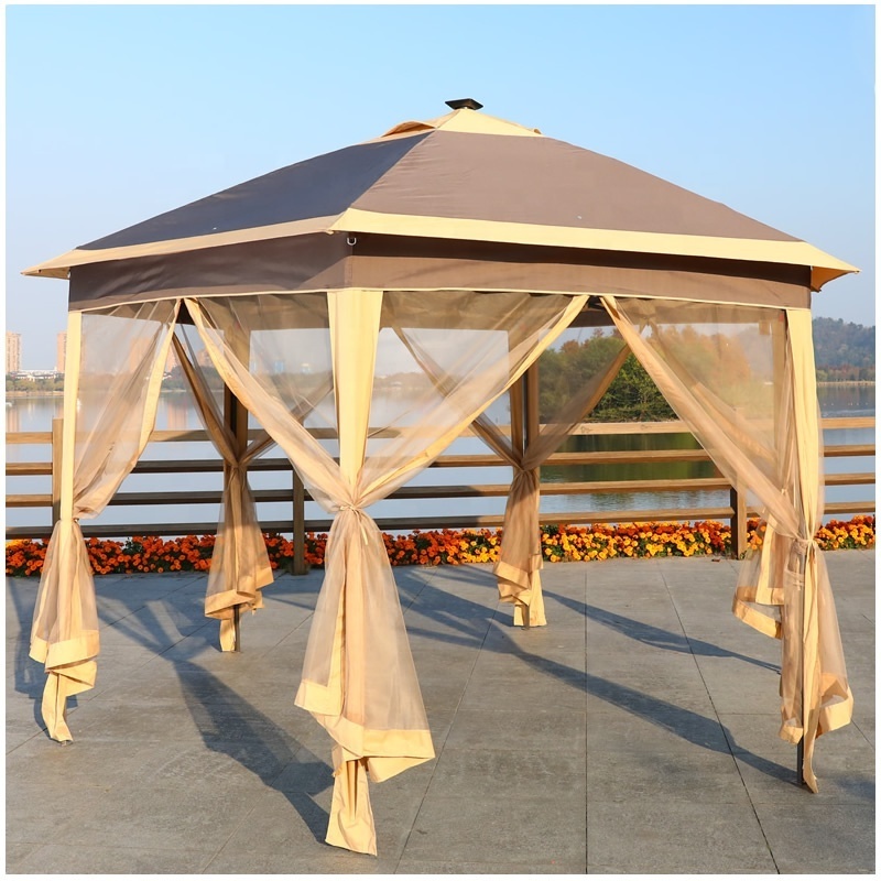 Durable Hexagonal Pop-up Gazebo  Spire Tent Steel Frame Outdoor Portable Gazebo with Mosquito net and Eave