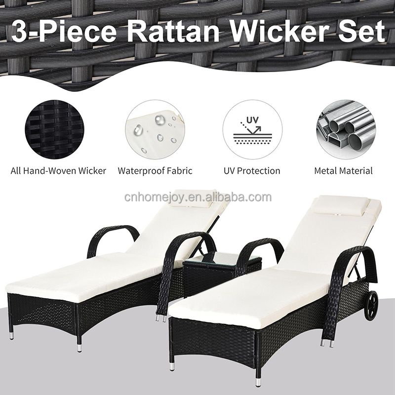 Oversized Wicker Chaise Lounge Set Outdoor Rattan table and chair with 5 position adjustable backrest for Garden Pool Patio