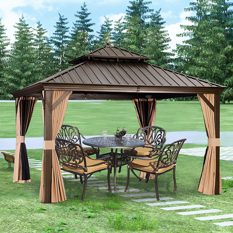 European Popular Hardtop Gazebo Outdoor Pergola with Double Roof Aluminum Frame Curtains