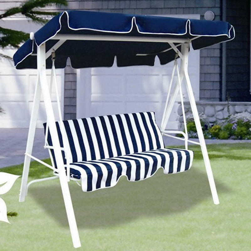 Indoor Outdoor Stripe Fabric 3 Seats Patio Garden Swing Chair with Cushion