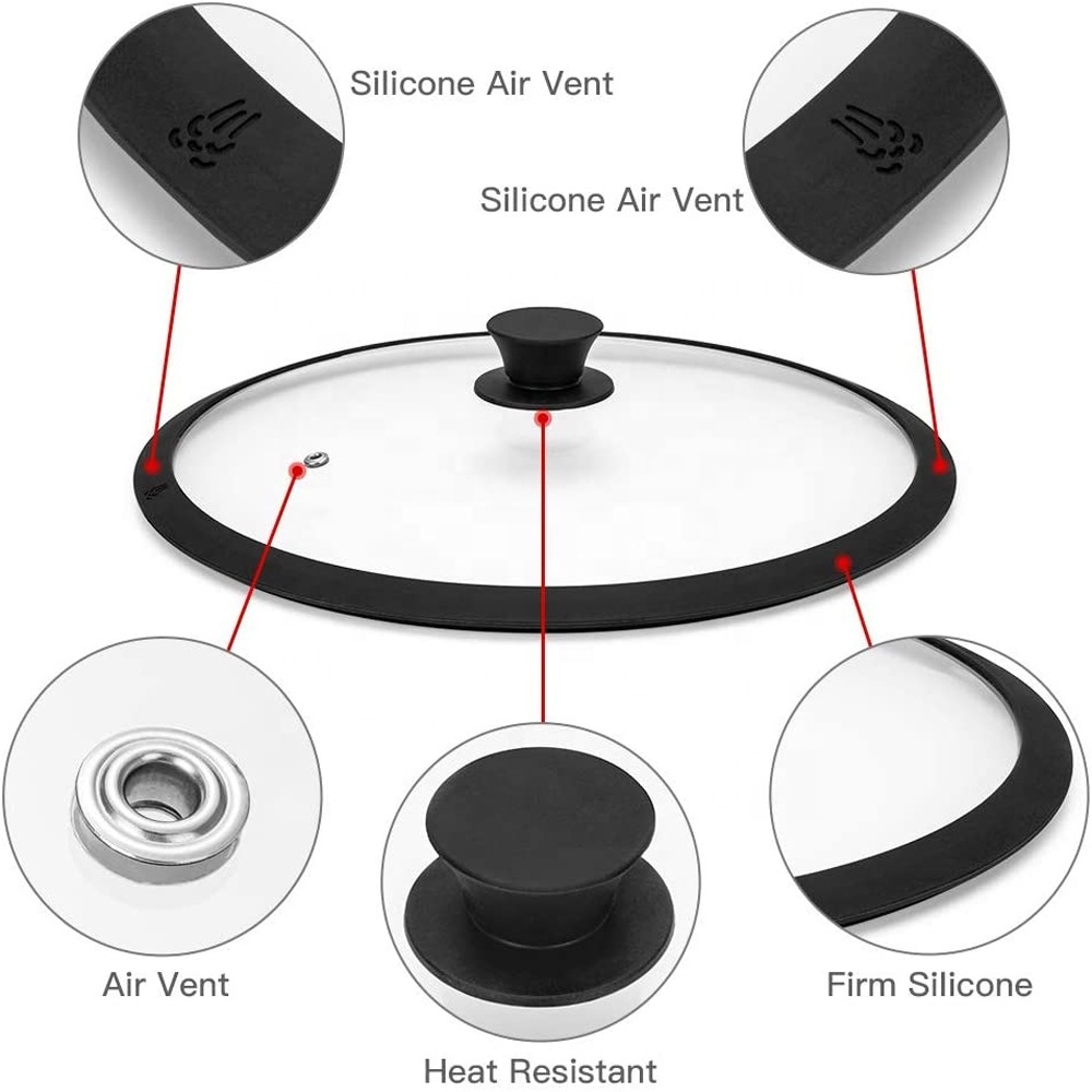 Multiple Tempered Glass Lid with silicone rim for Cookware Fry Pan and Pot