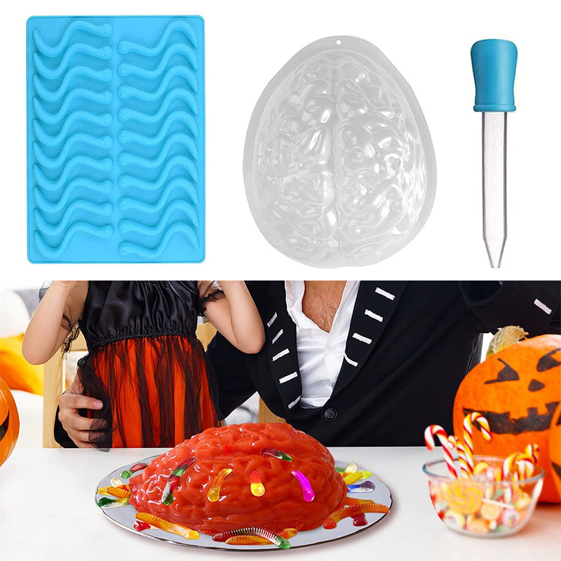 Brain Jelly Mould and Silicone Gummy Worm Mould for Halloween or Pirate Themed Parties for cake Candy Molds baking tool