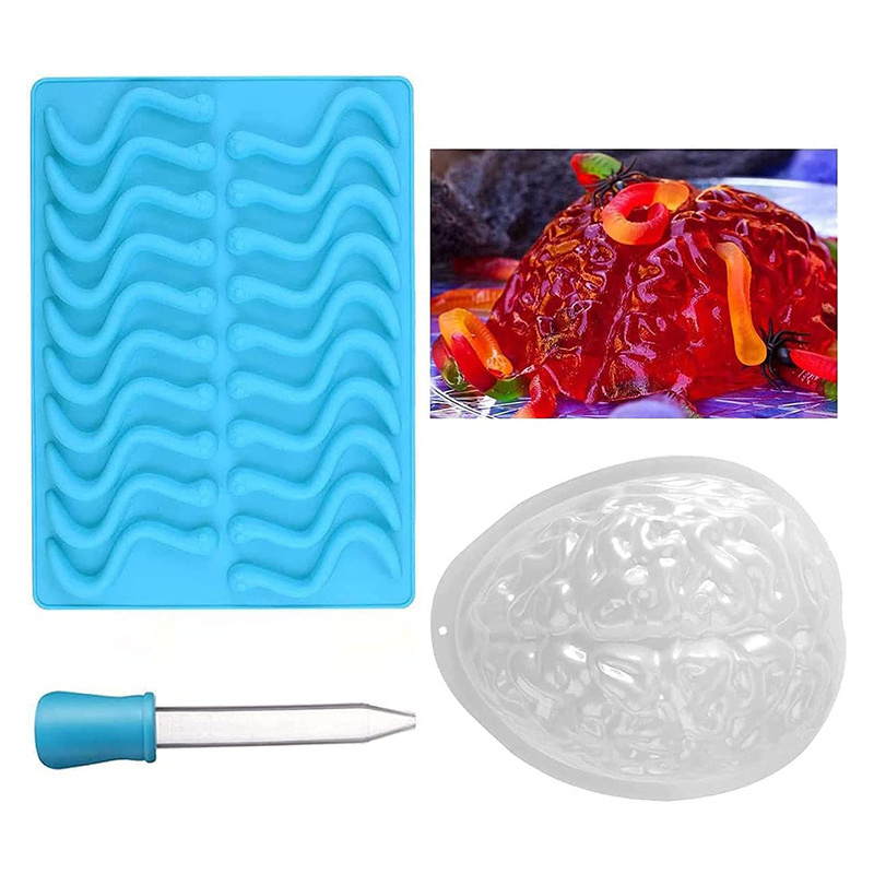 Brain Jelly Mould and Silicone Gummy Worm Mould for Halloween or Pirate Themed Parties for cake Candy Molds baking tool