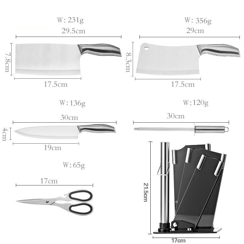 6pcs kitchen knife set chef knifes stainless steel meat cleaver fruit sharpener scissors cooking tools kit with stand