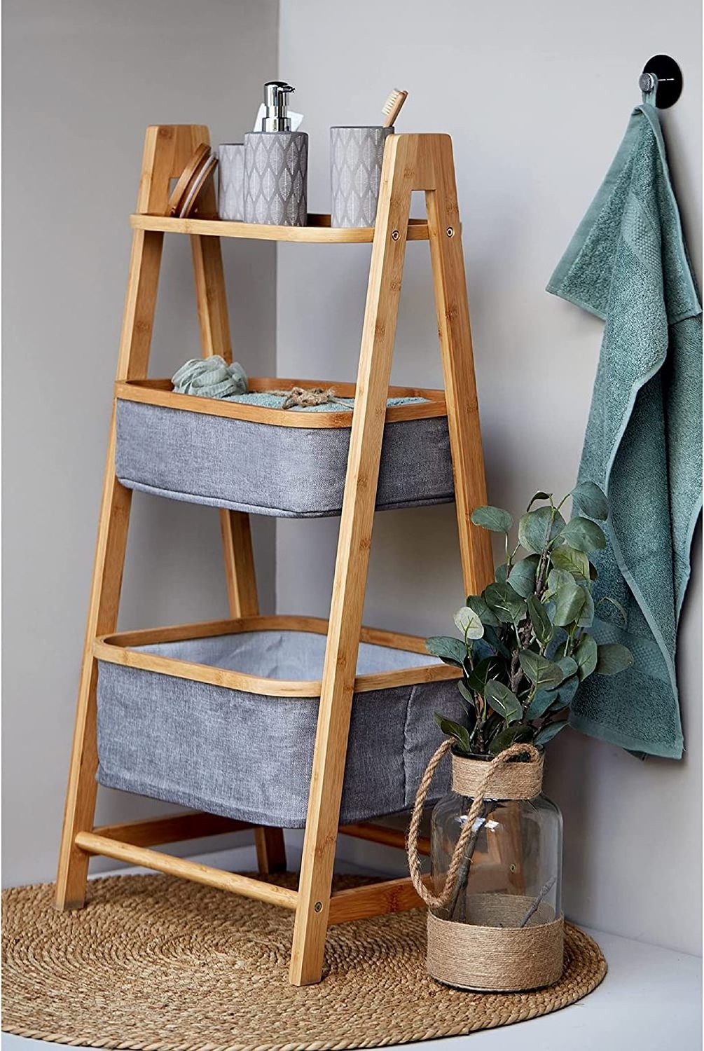 Shelving Unit with Two Storage Baskets Open Shelf for Bathroom Bedroom Living Room Gray Storage Unit