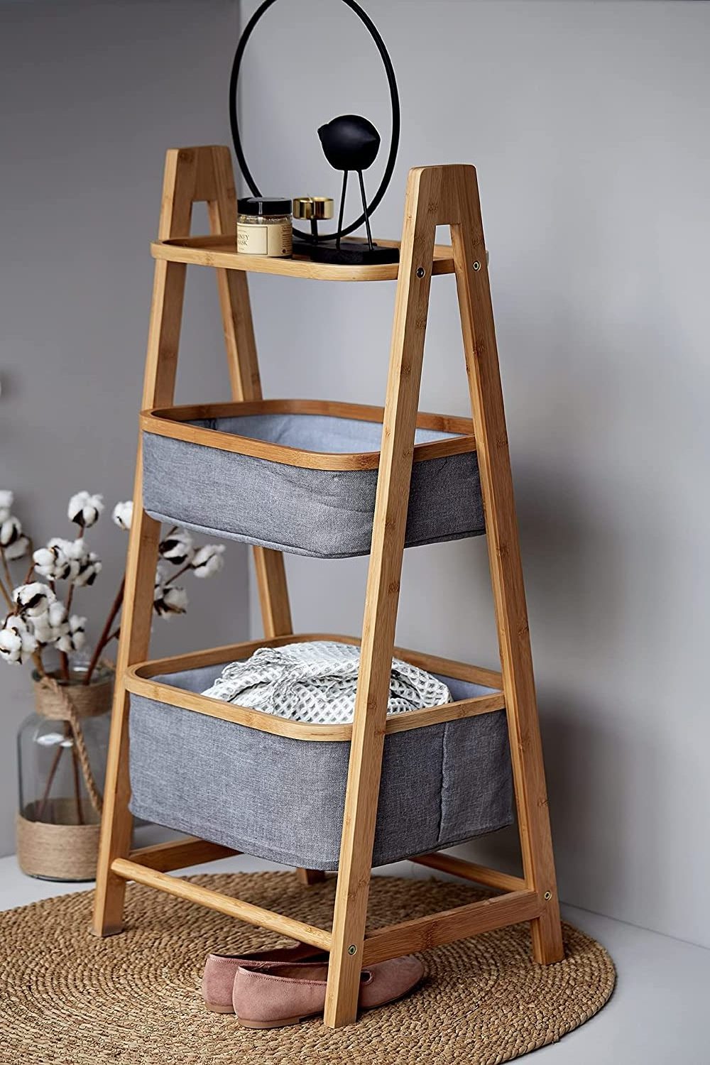 Shelving Unit with Two Storage Baskets Open Shelf for Bathroom Bedroom Living Room Gray Storage Unit