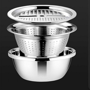 Stainless steel drainage Basket Vegetable cutter 3in 1 Kitchen multi-functional slicer Salad bowl (silver)