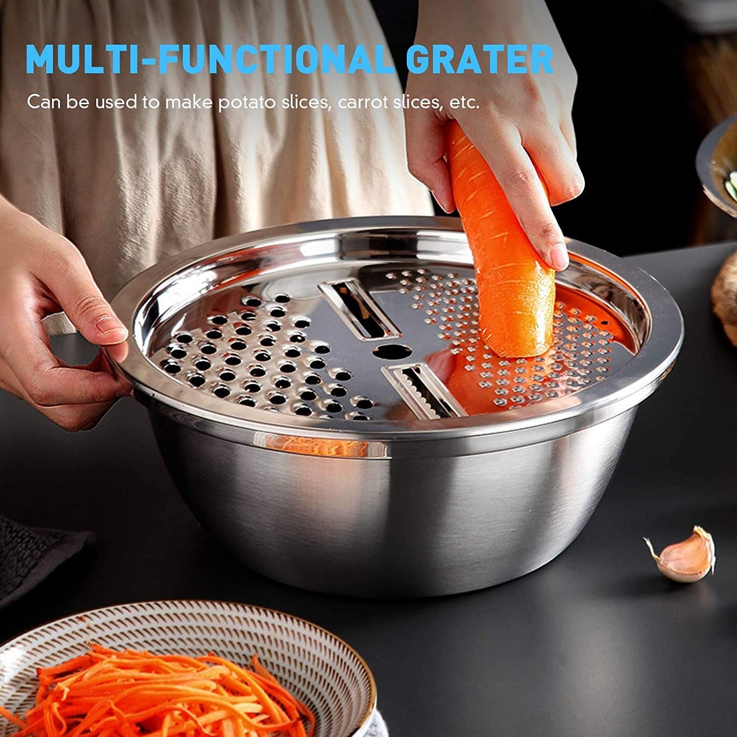 Stainless steel drainage Basket Vegetable cutter 3in 1 Kitchen multi-functional slicer Salad bowl (silver)