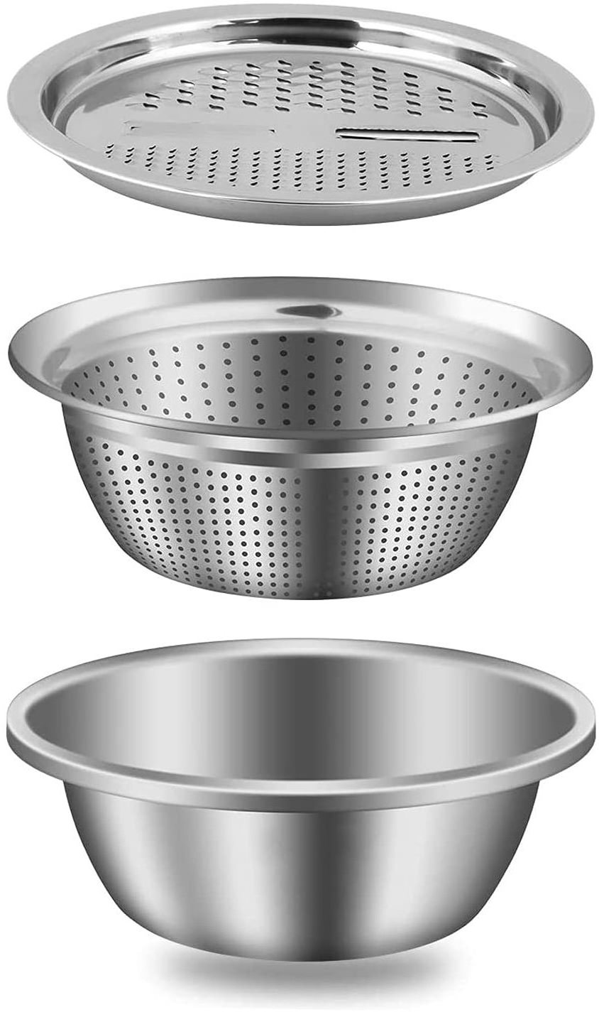 Stainless steel drainage Basket Vegetable cutter 3in 1 Kitchen multi-functional slicer Salad bowl (silver)