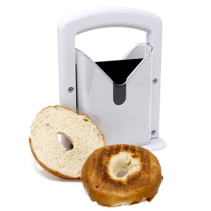 Super slicer Bread Slicing Gadget Universal Bagel Cutter Stainless Steel Bagel Guillotine Slicer with Safe Grip and Shield