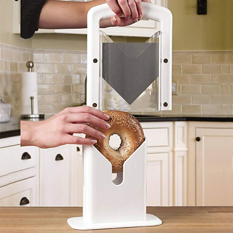 Super slicer Bread Slicing Gadget Universal Bagel Cutter Stainless Steel Bagel Guillotine Slicer with Safe Grip and Shield