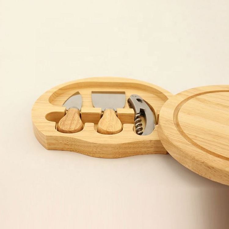 wholesale custom logo Rubber Wood Cheese And With Wine Opener Screwer Knife Board Set Round Cutting Board