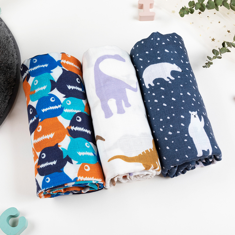 New Fashion Customizable Cute Printed 4 Layer Soft 70% Bamboo 30% Organic Cotton Fabric Muslin Infant Baby Swaddle Wrap Blanket