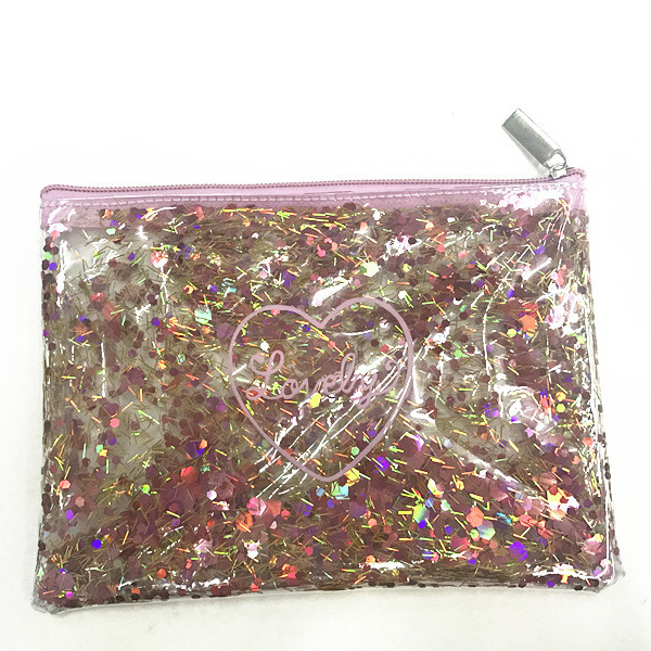 Custom Clear Pvc Vinyl Zipper Sequin Glitter Cosmetic Bag