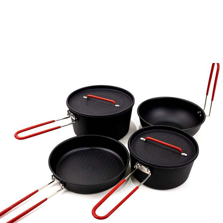 HT 6 Pieces Cast Iron Non Stick  Non-stick Portable Fry Pan and Pot Outdoor Tableware Picnic Camping Cookware Kit Set