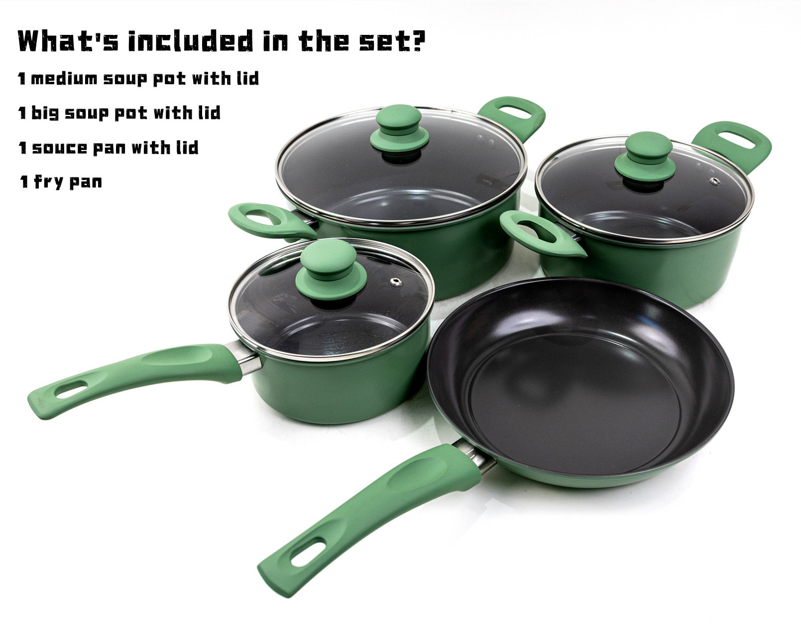 HT cookware set green non stick carbon steel sets soup pot and frying pan kitchenware sets