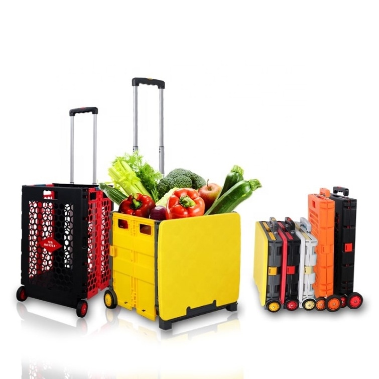 foldable rolling cart with 4 wheels  Utility Plastic Shopping Trolley Cart foldable box trolley Collapsible Handcart pack roll