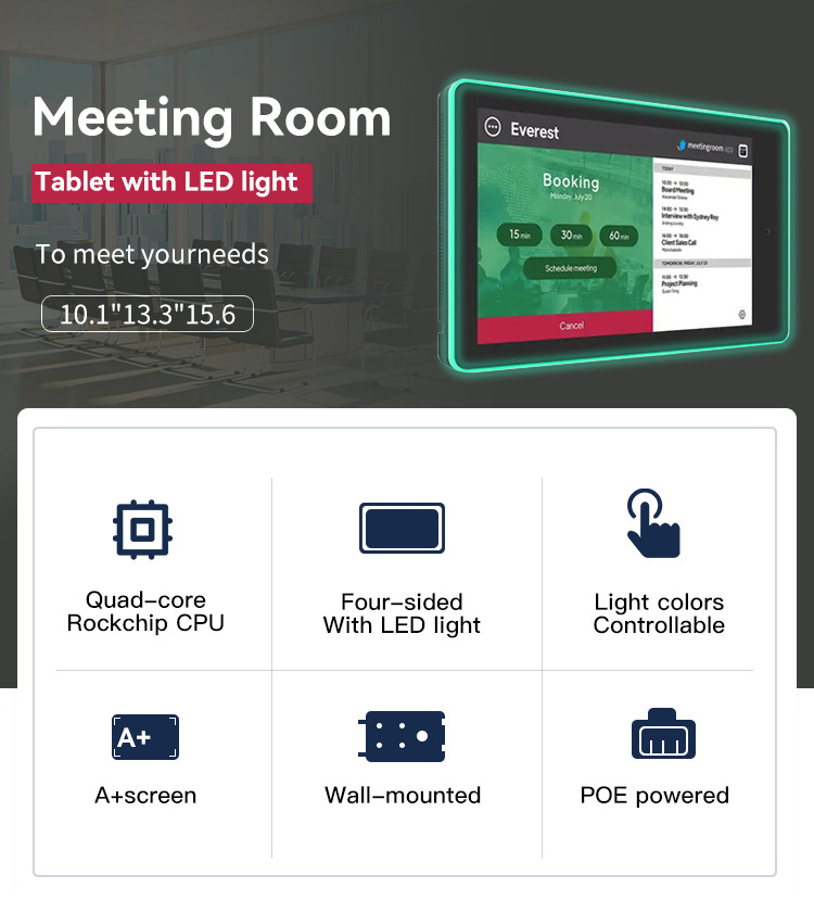 Meeting room digital signage 10 inch wall mount poe android tablet surrounding LED light with RFID / NFC