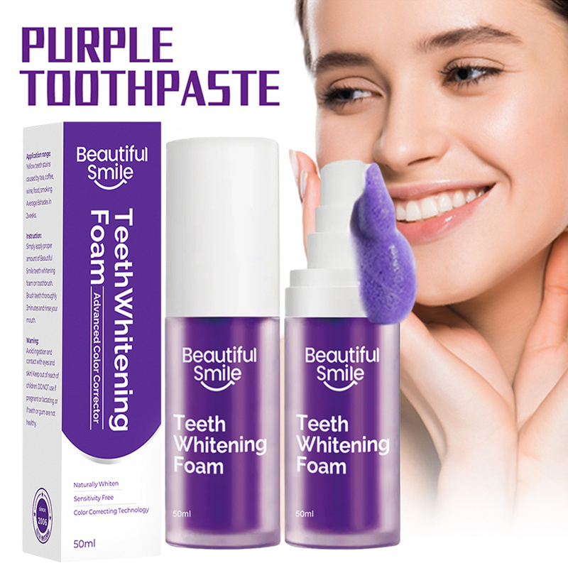 Wholesale Private Label 50ml Natural Deep Cleaning Stains Fluoride Free V34 Teeth Whitening Purple Foam Mousse Toothpaste