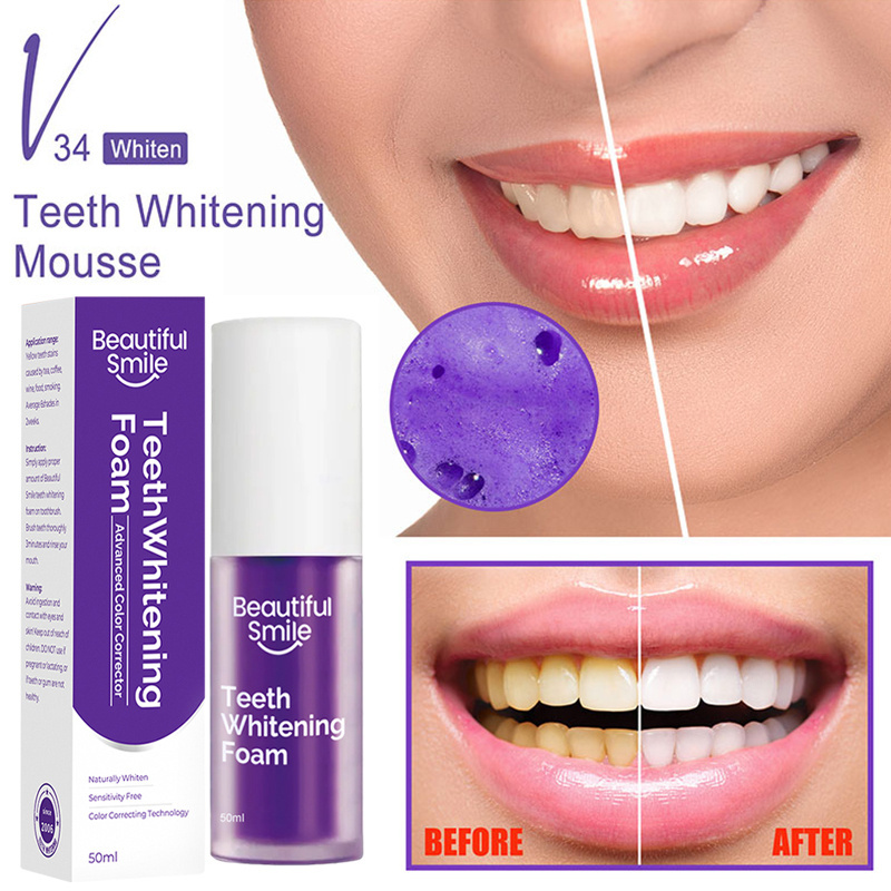 Wholesale Private Label 50ml Natural Deep Cleaning Stains Fluoride Free V34 Teeth Whitening Purple Foam Mousse Toothpaste