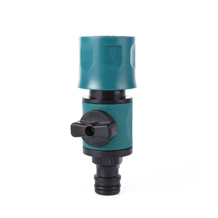 Plastic garden hose quick connector with shut off valve