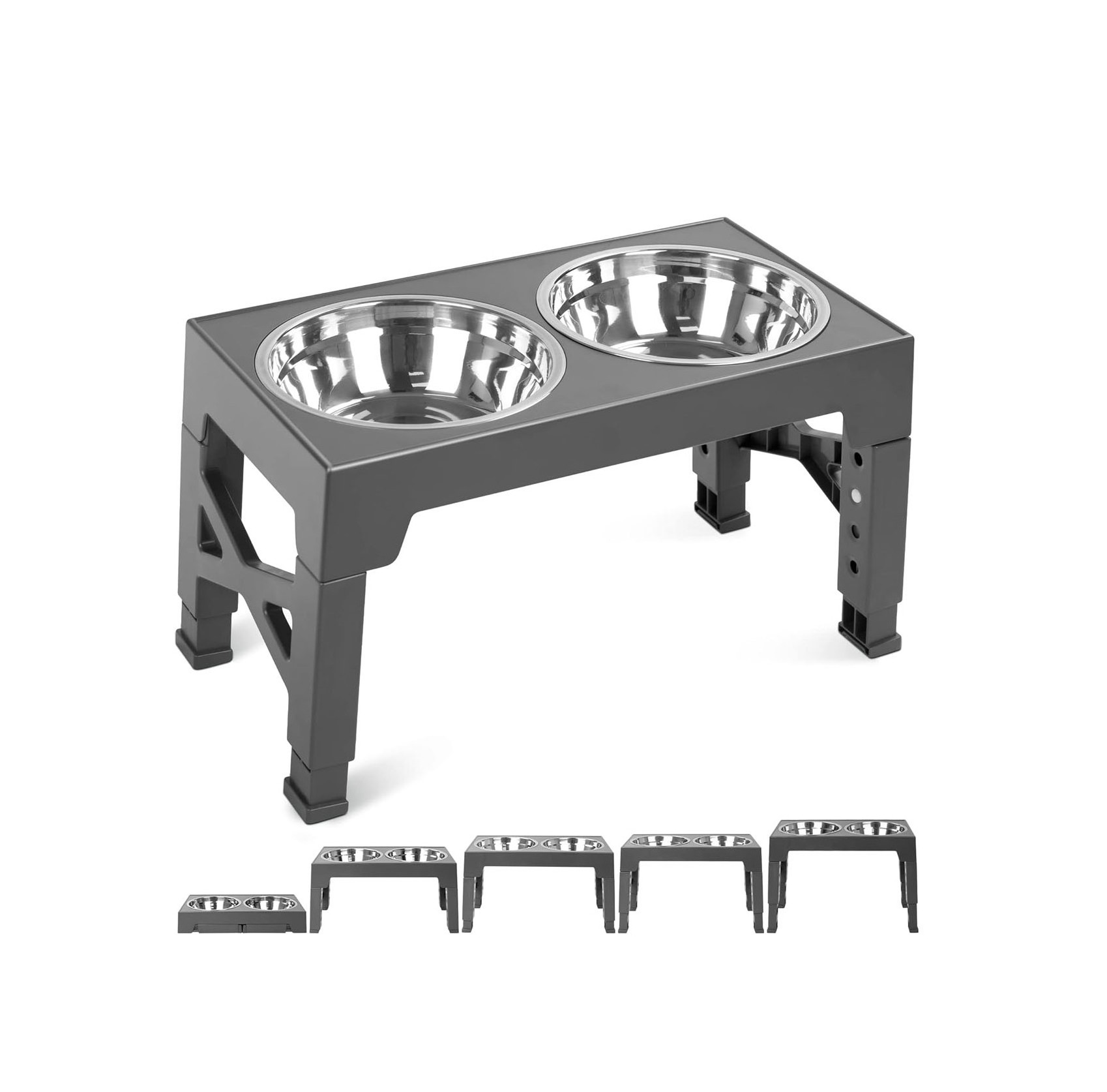 5 Adjustable Heights Raised Dog Bowl Stand with Double Stainless Steel Dog Food Feeder Elevated Pet Bowls