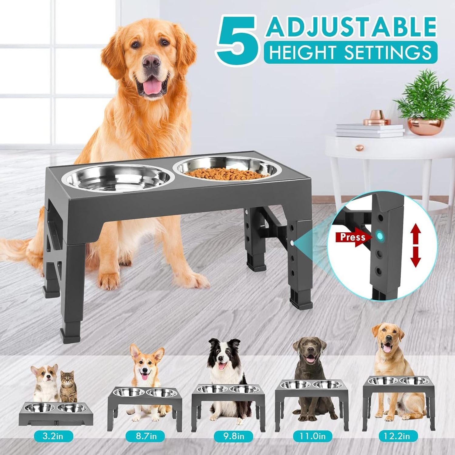 5 Adjustable Heights Raised Dog Bowl Stand with Double Stainless Steel Dog Food Feeder Elevated Pet Bowls