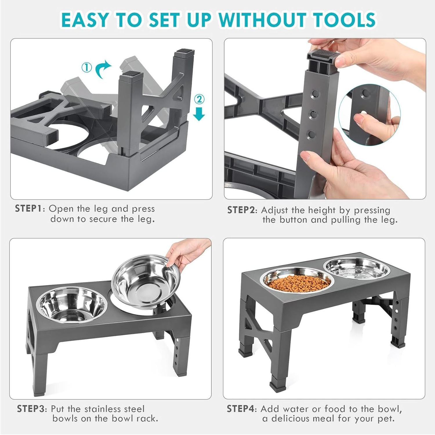 5 Adjustable Heights Raised Dog Bowl Stand with Double Stainless Steel Dog Food Feeder Elevated Pet Bowls