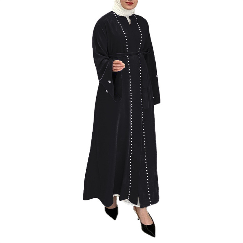 Classic Hand Made Pearls Beading Muslim Abaya Elegant Pure Color Long Muslim Abayas Women Modest Wear Clothing Eid Robes