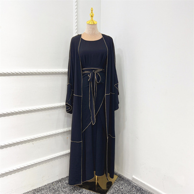 Fashion Hot Islamic Clothing 3 Pieces Set Qatar Abaya Designs Solid Color With Edge For Women Muslim Dress Dubai Open Abaya