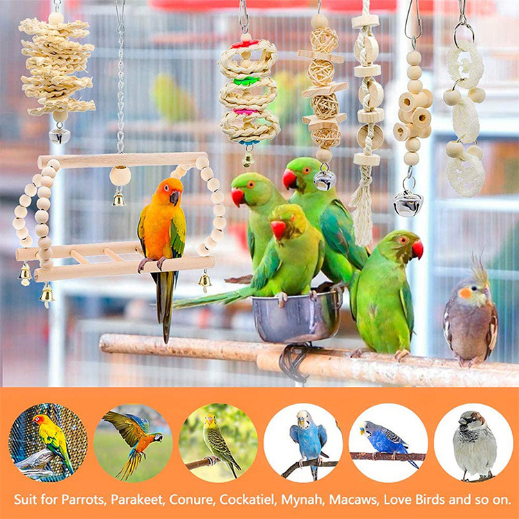 7 Pack Parrot Bird Toy Pet Toy Natural Color Set Bird Swing Climbing Ladder Stand Set Flying Bird Toy