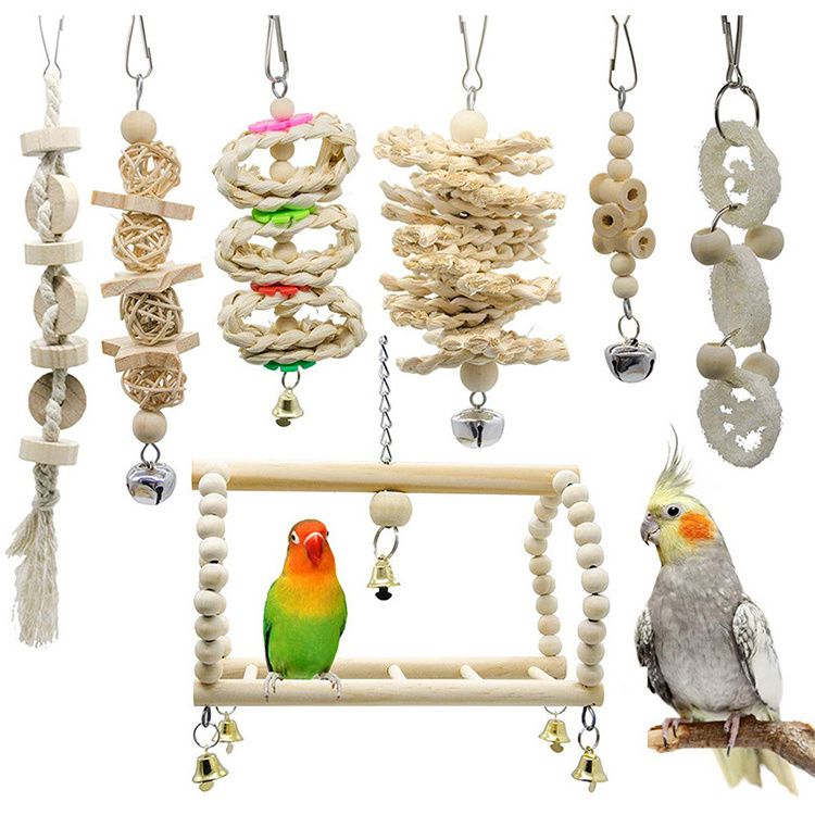 7 Pack Parrot Bird Toy Pet Toy Natural Color Set Bird Swing Climbing Ladder Stand Set Flying Bird Toy