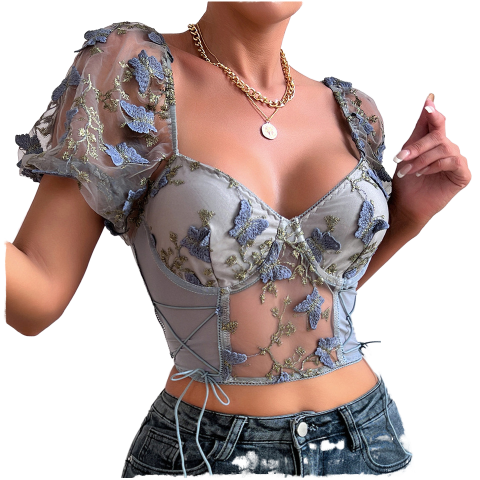 Casual Style Embroidery Lace Crop Vest Top for Women Sexy Mesh Corset in Pink Floral Print Basic V Neck Hollow Summer Crop Top