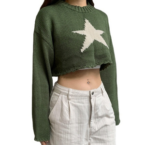 Knitted Sweater 2023 Autumn Fashion Women Loose Casual Short Sweater Tops For Women Long Sleeve Custom Crop Top