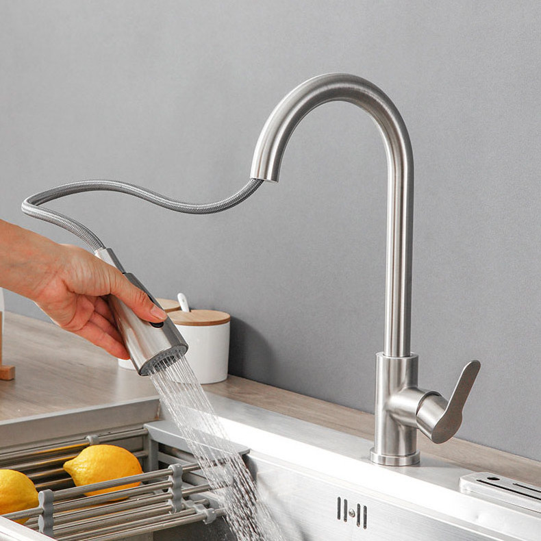 new design factory price 304 stainless steel silver kitchen faucet with pull down sprayer