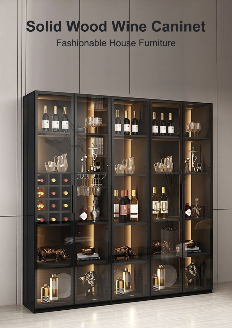 Entry Luxury Modern Wooden Glass Door Stainless Steel Frame Wine Display Cabinet beside Wall with Sensor Lights